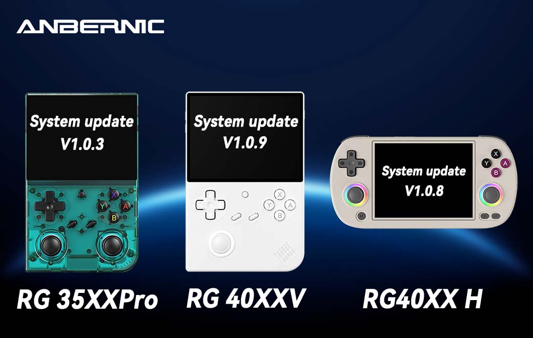 Visão geral da atualização do sistema dos portáteis retrô da ANBERNIC, apresentando as versões mais recentes de firmware para os modelos RG35XX Pro (V1.0.3), RG40XXV (V1.0.9) e RG40XX H (V1.0.8).