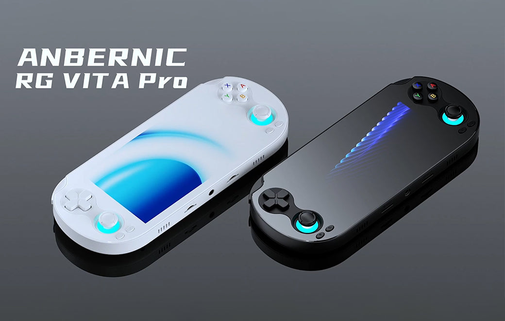 Imagem do produto do console portátil ANBERNIC RG VITA Pro nas cores preto e branco. A imagem destaca o design elegante com bordas arredondadas, o layout clássico de botões e os analógicos com iluminação azul futurista.