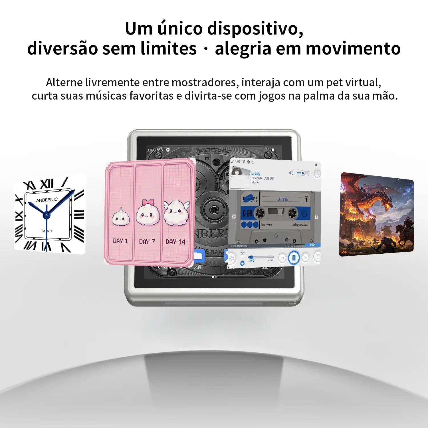 Exibição da interface de tela multifuncional do RG Rotate. O layout lado a lado inclui um mostrador de relógio, interface de animal de estimação virtual, interface de reprodutor de música e tela de execução de jogo.