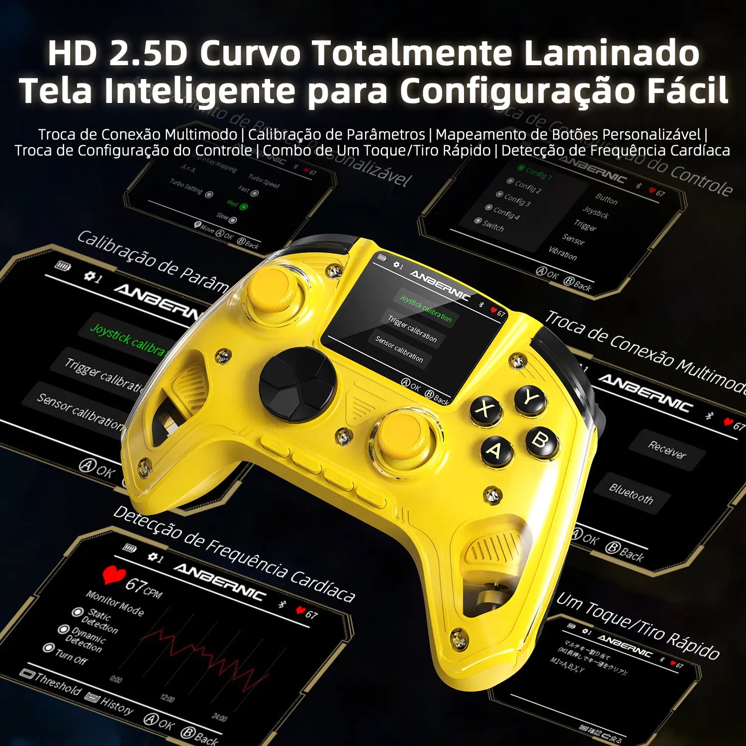 Tela inteligente HD laminada curva 2.5D para configuração de controle e detecção de RH