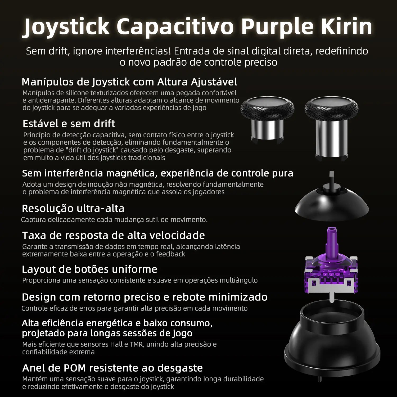 Joystick capacitivo Purple Kirin com tecnologia anti-drift e altura ajustável