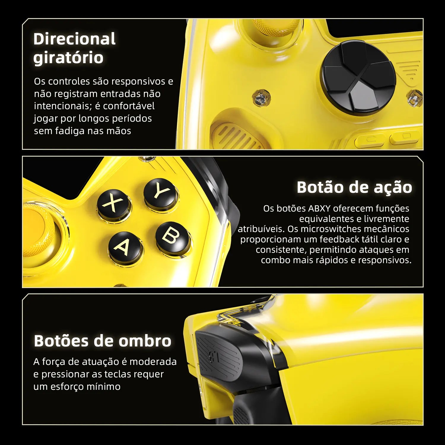 D-pad rotativo e botões mecânicos ABXY para jogos responsivos