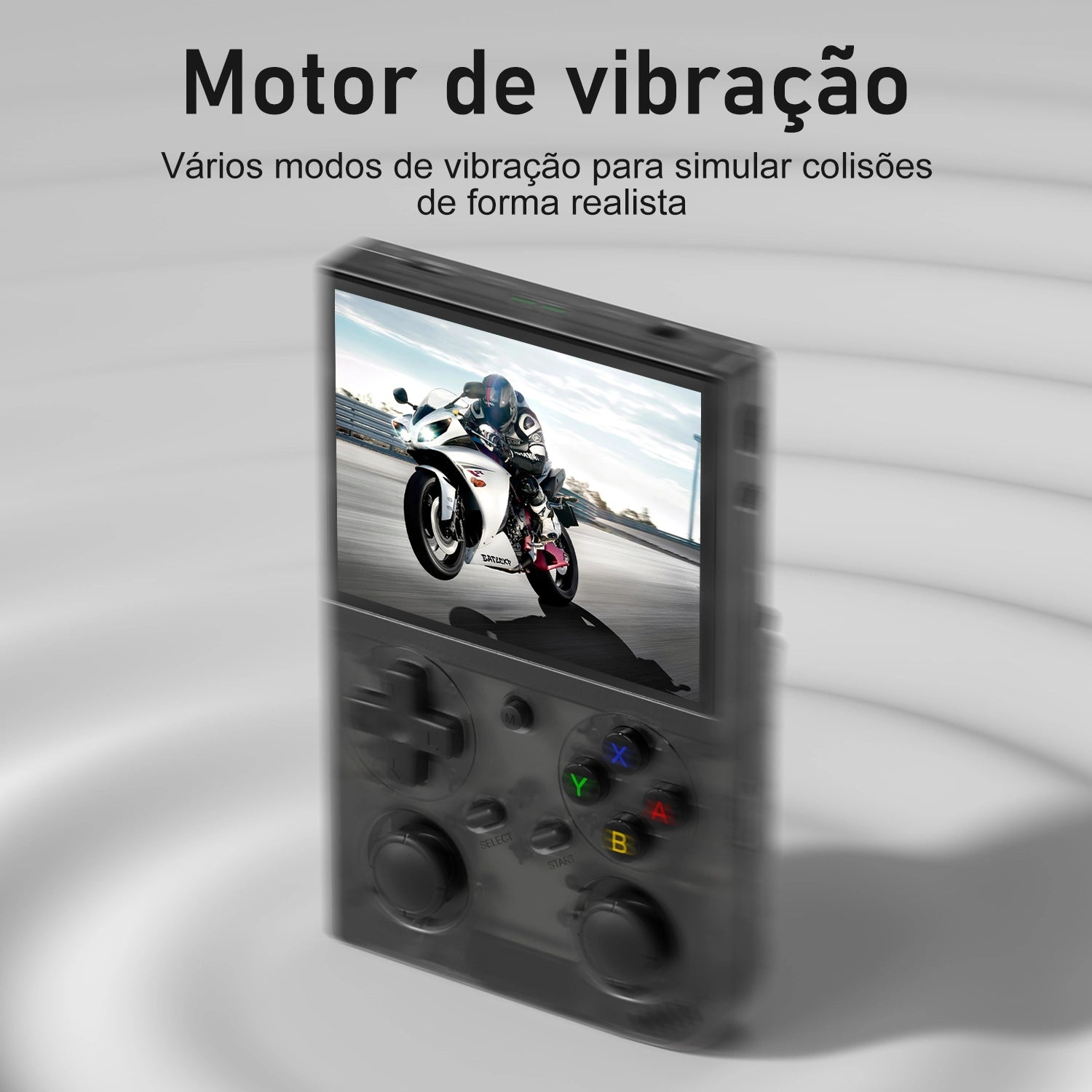 Console portátil com tela de corrida de moto, controles e efeito visual de vibração