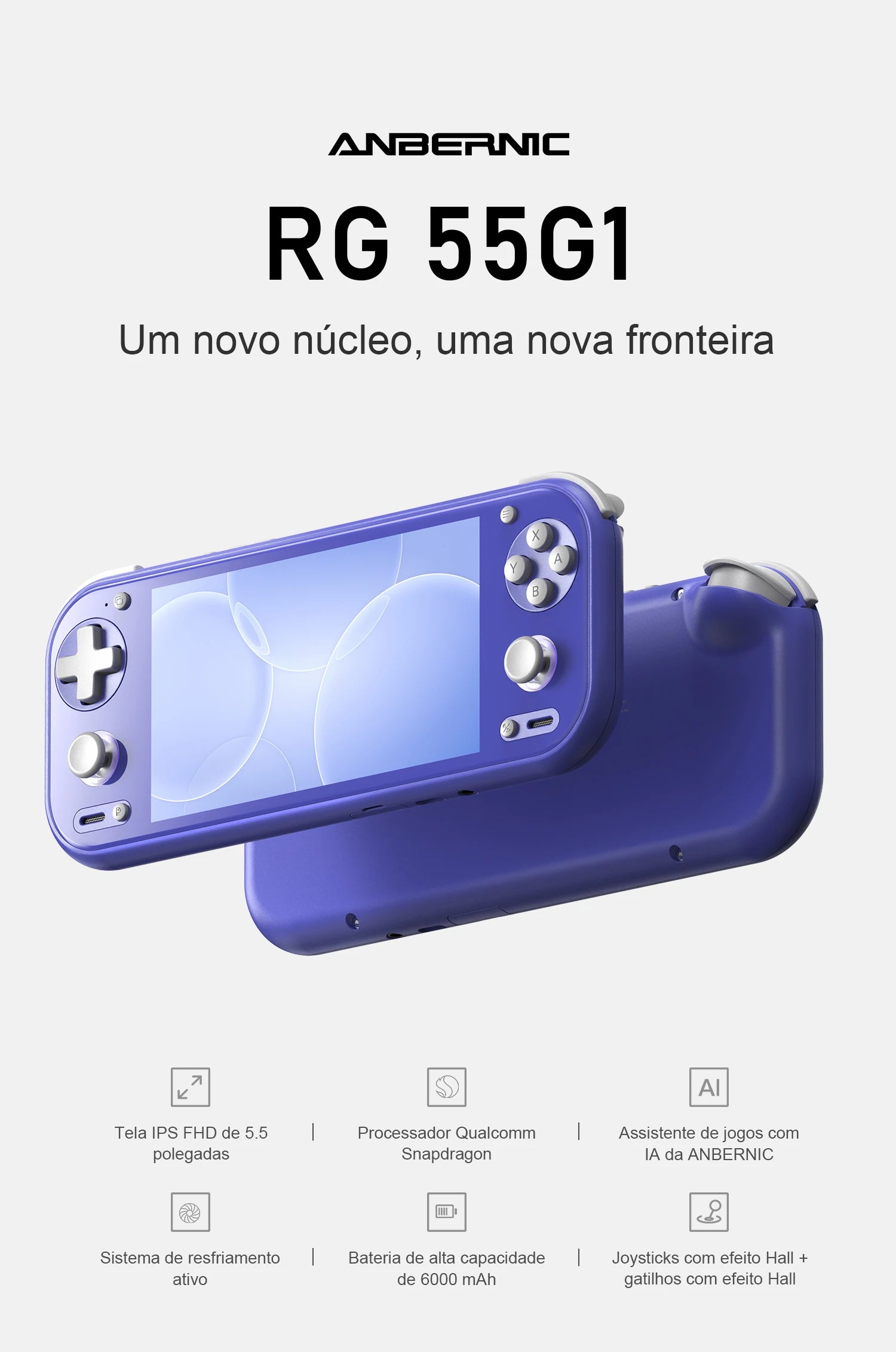 Console portátil ANBERNIC RG 55G1 na cor roxa, visões frontal e traseira com tela e controles.