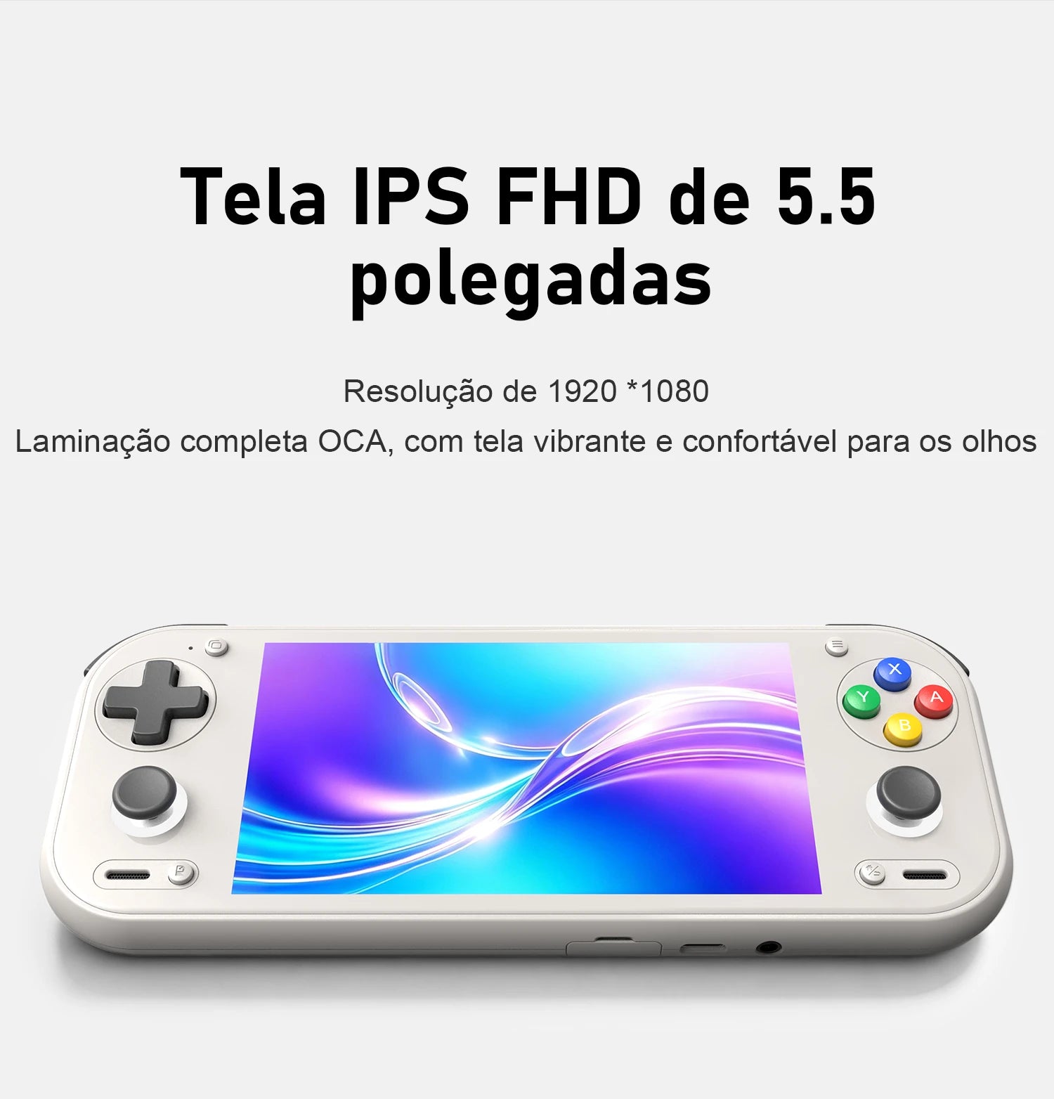 Console portátil branco com tela IPS FHD de 5.5 polegadas exibindo ondas coloridas, D-pad e botões A B X Y