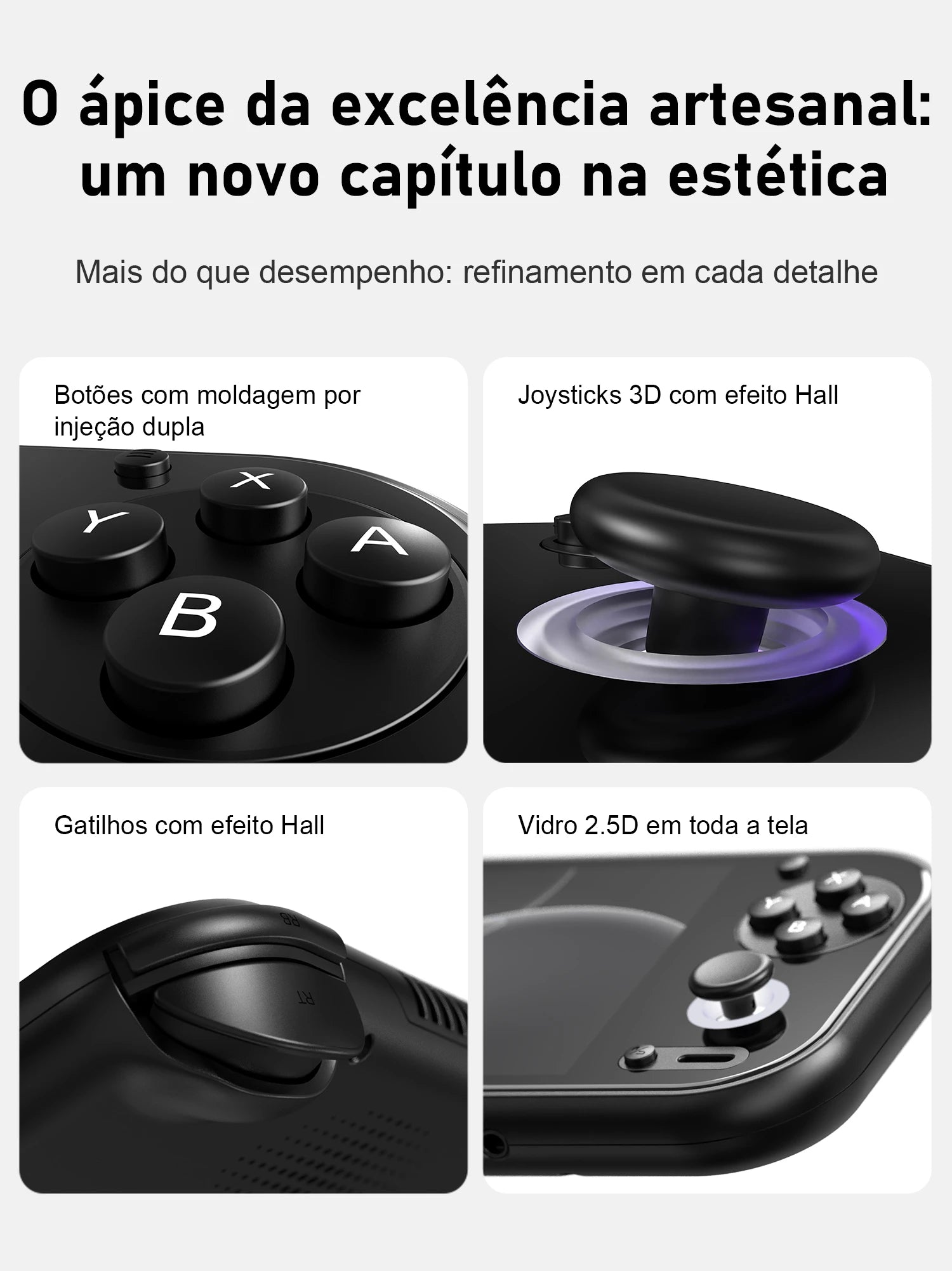 Close-ups de um console portátil preto destacando botões ABXY, joysticks 3D Hall, gatilhos Hall e tela de vidro 2.5D