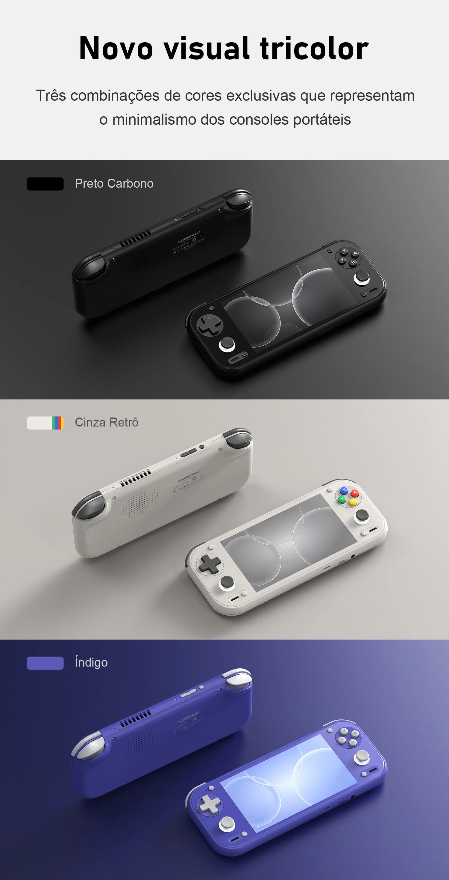 Três consoles portáteis nas cores Preto Carbono, Cinza Retrô e Índigo.