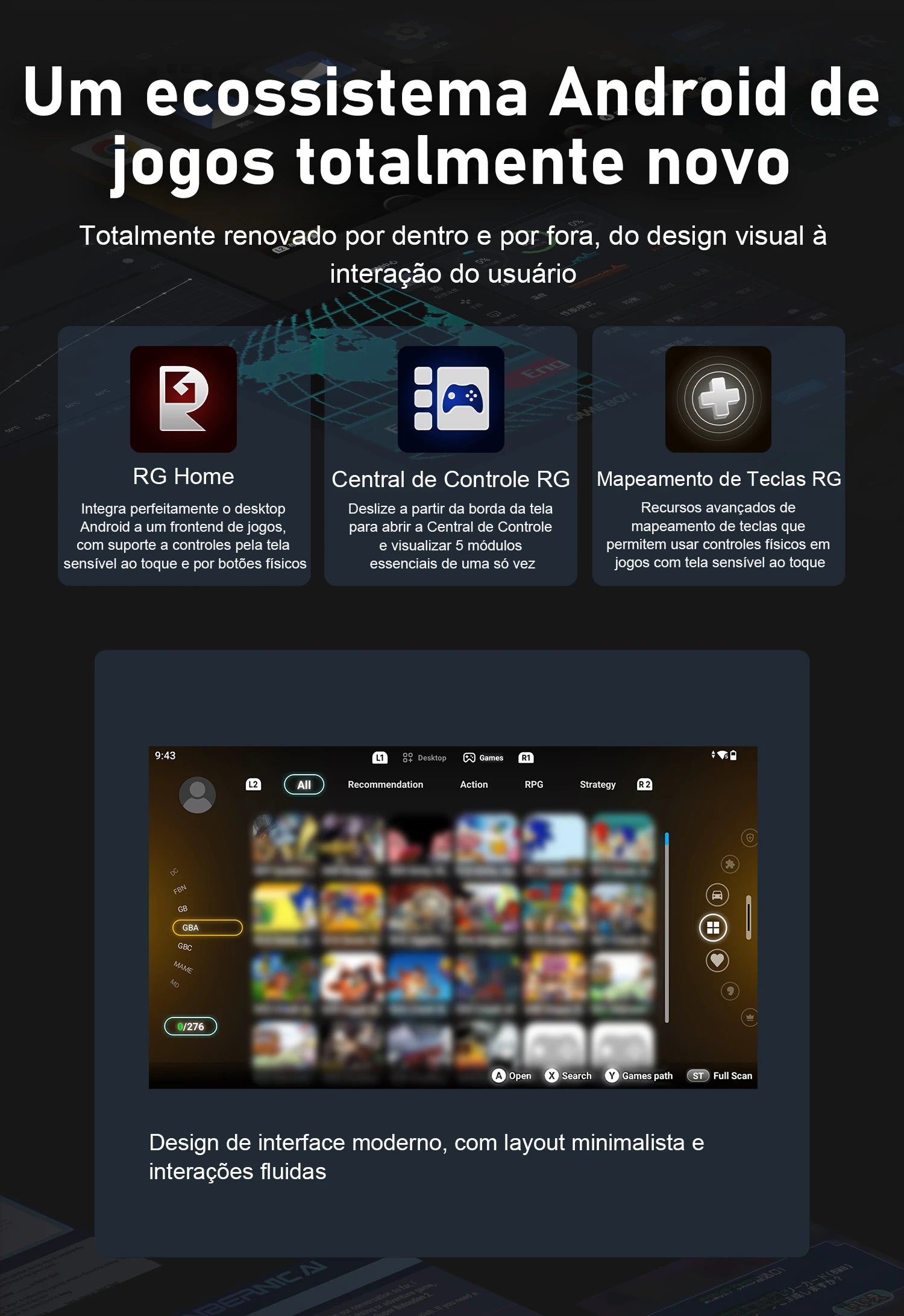 Interface Android RG: ícones Home, Central de Controle e Mapeamento de Teclas, com tela de jogos em grade.