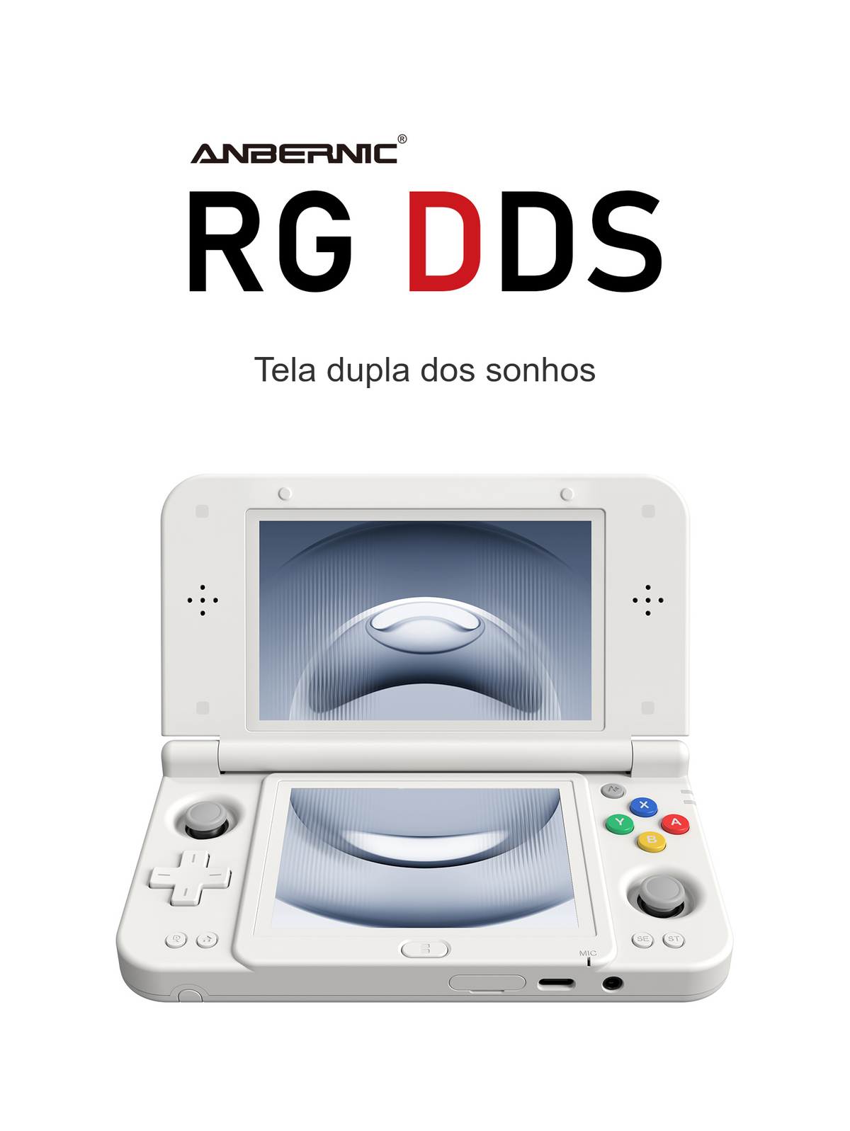 Console portátil Anbernic RG DDS branco, aberto, com duas telas com um papel de parede em tons de azul e cinza, uma em cada metade, dois controles analógicos, direcional em cruz à esquerda e botões X, Y, A e B coloridos à direita. Sobre o aparelho, aparecem o logotipo da marca, o nome do modelo e a frase “Tela dupla dos sonhos”.