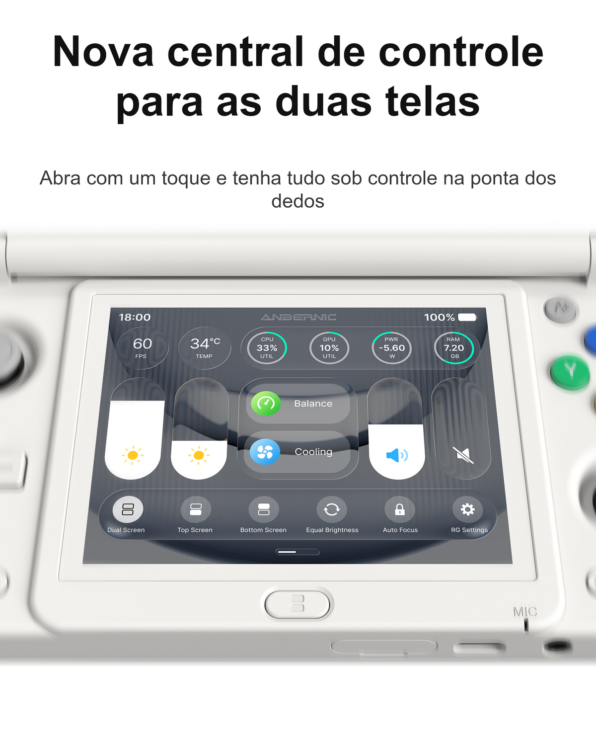 Close da tela de um console portátil branco, com central de controle que reúne ajustes de brilho para duas telas, volume, resfriamento e indicadores de desempenho. O texto acima informa que a central pode ser aberta com um toque.