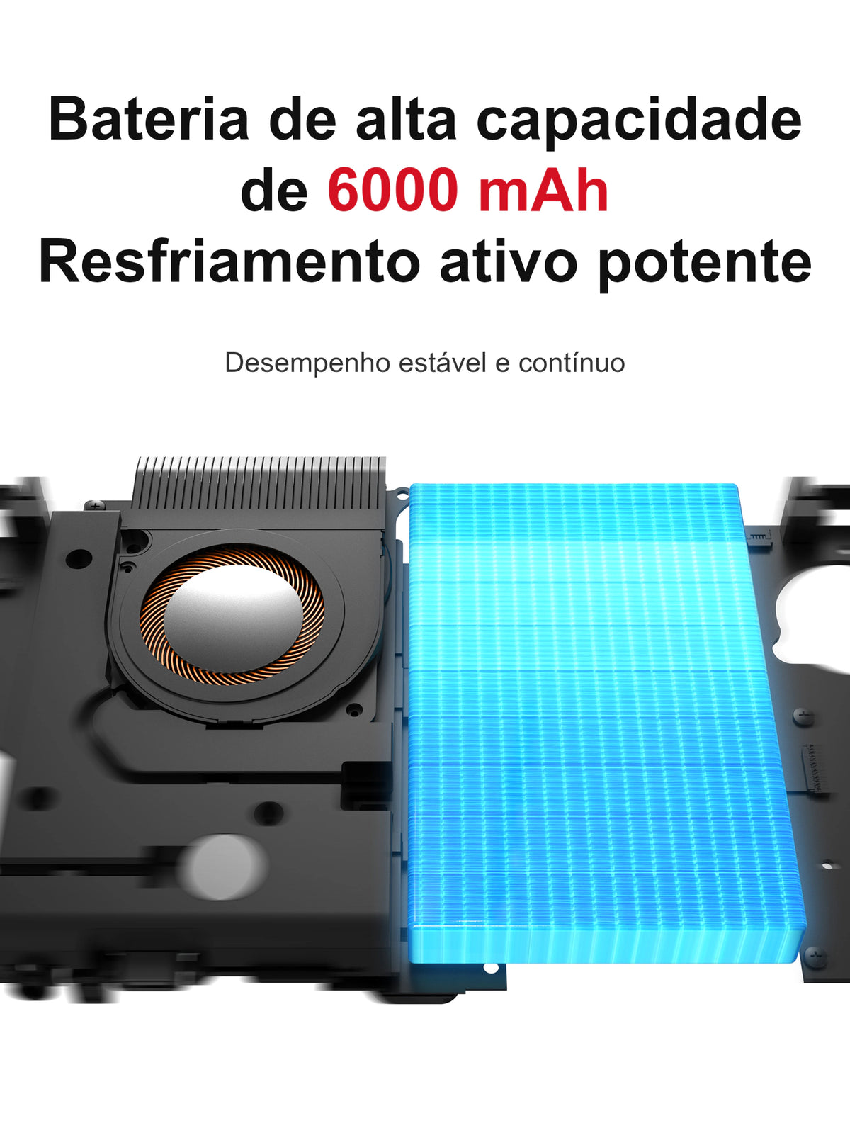 Ilustração dos componentes internos do aparelho, com ventoinha circular e dissipador à esquerda e bateria retangular destacada em azul à direita. O texto informa bateria de 6000 mAh e resfriamento ativo.