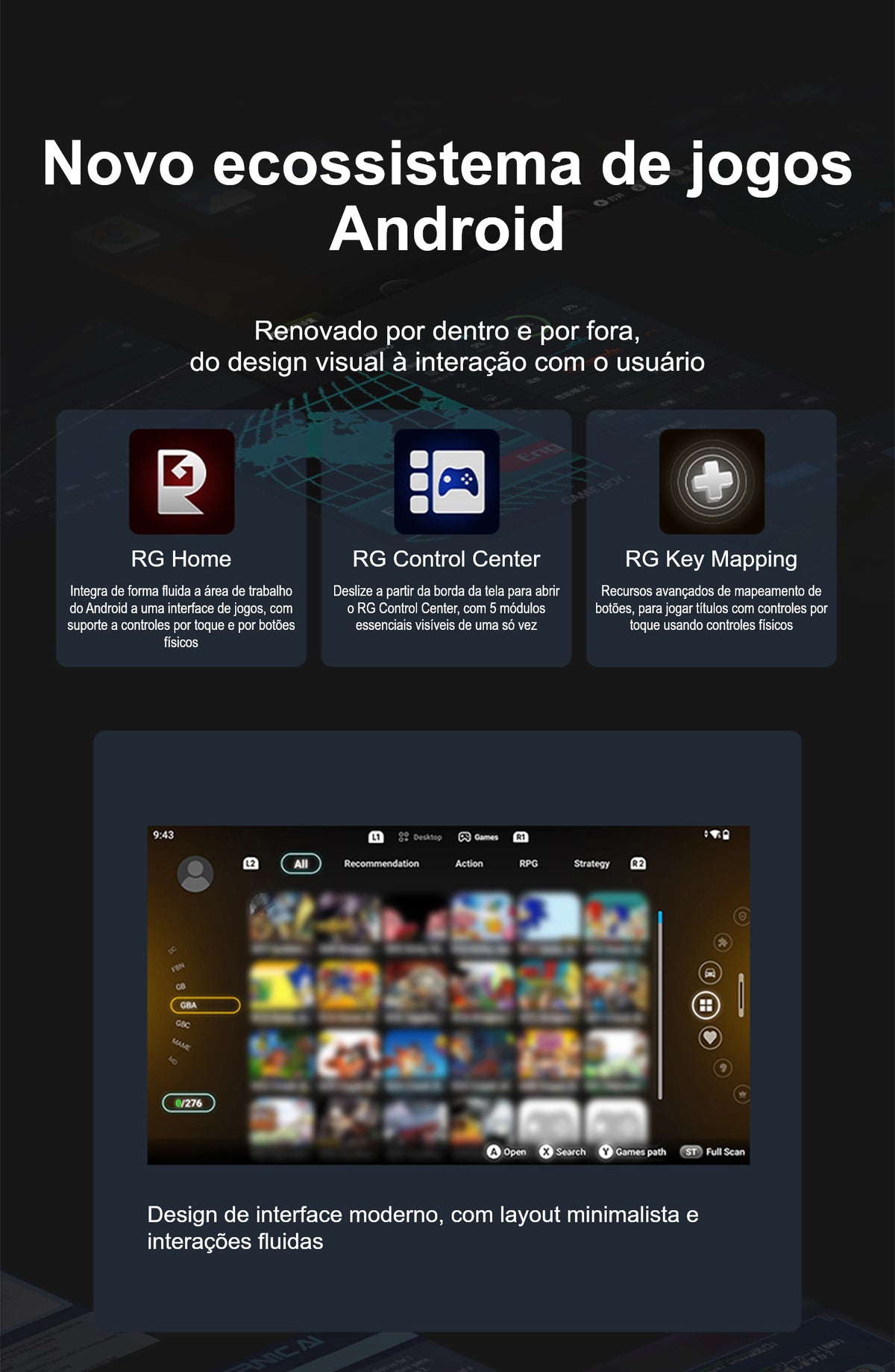 Painel sobre o ecossistema de jogos Android, com três cartões: RG Home, que integra a área de trabalho à interface de jogos; RG Control Center, com cinco módulos; e RG Key Mapping, para mapear comandos de toque em controles físicos. Abaixo, uma captura da interface mostra jogos em grade, categorias no topo e menus laterais.