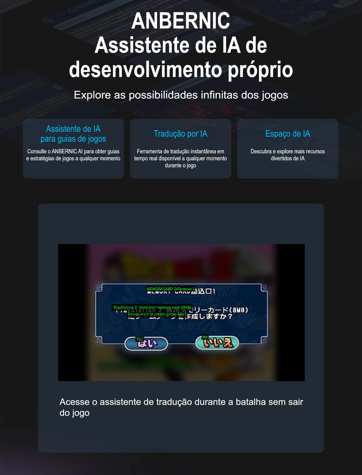Painel da ANBERNIC sobre seu assistente de IA, com três blocos lado a lado: guias e estratégias de jogos, tradução em tempo real e espaço de recursos de IA. Abaixo, uma captura de jogo mostra traduções em inglês sobrepostas a textos em japonês, com legenda indicando acesso ao assistente de tradução sem sair do jogo.