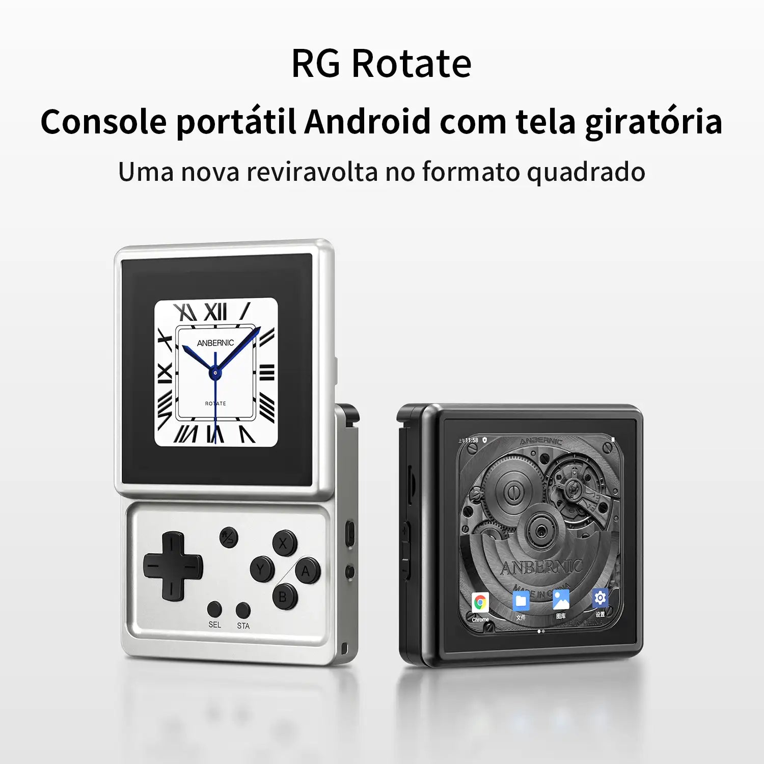 Vista frontal e lateral do console portátil Android com tela giratória RG Rotate. O modelo prateado à esquerda exibe um mostrador de relógio na tela; o modelo preto à direita exibe a estrutura interna de engrenagens mecânicas.