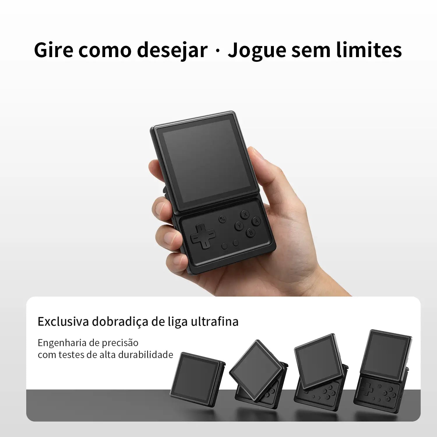 Estado de uso manual do RG Rotate. O diagrama inferior mostra a estrutura e o processo de rotação da tela em vários ângulos usando a dobradiça de liga ultrafina.