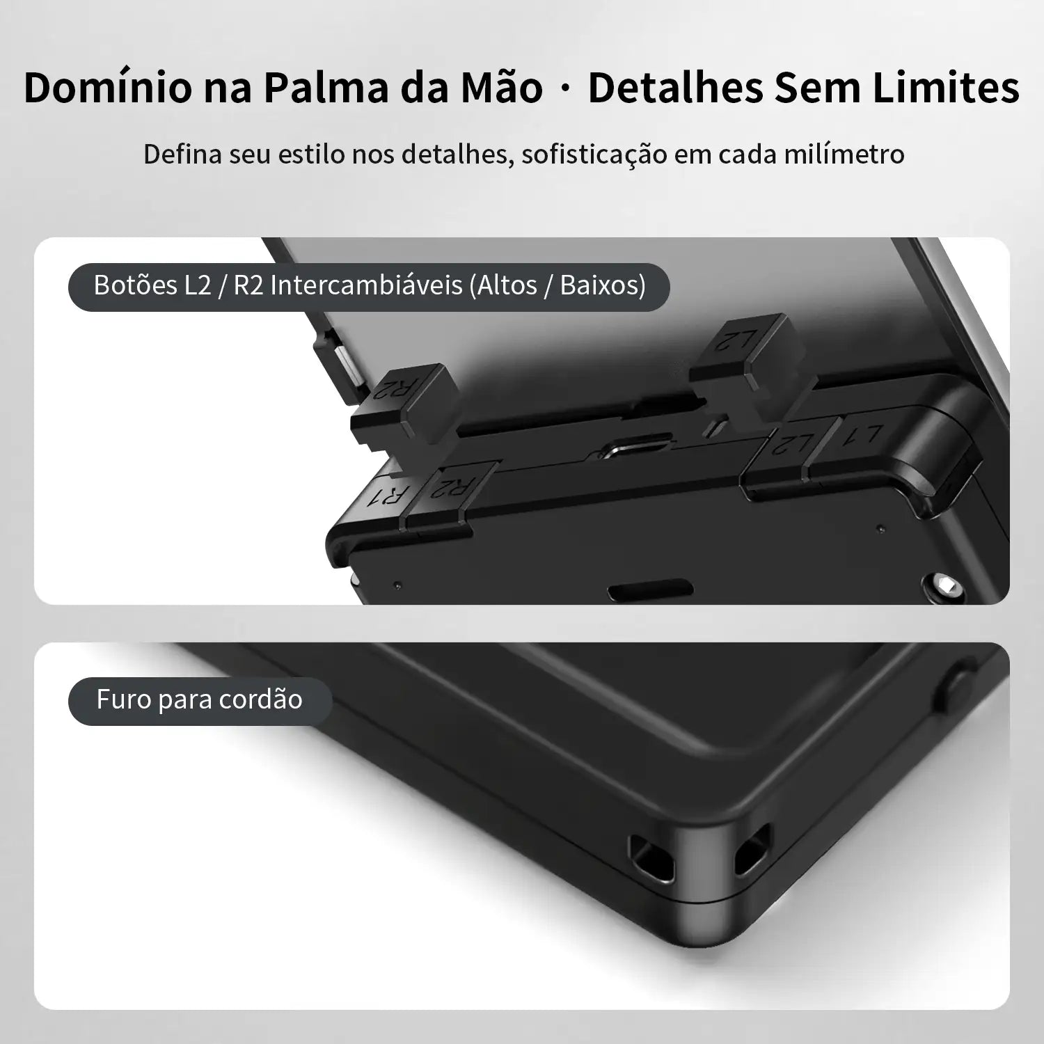Detalhe aproximado do corpo do RG Rotate. A imagem superior mostra a estrutura substituível de botões L2/R2 altos e baixos; a imagem inferior mostra o orifício de metal para cordão na base.