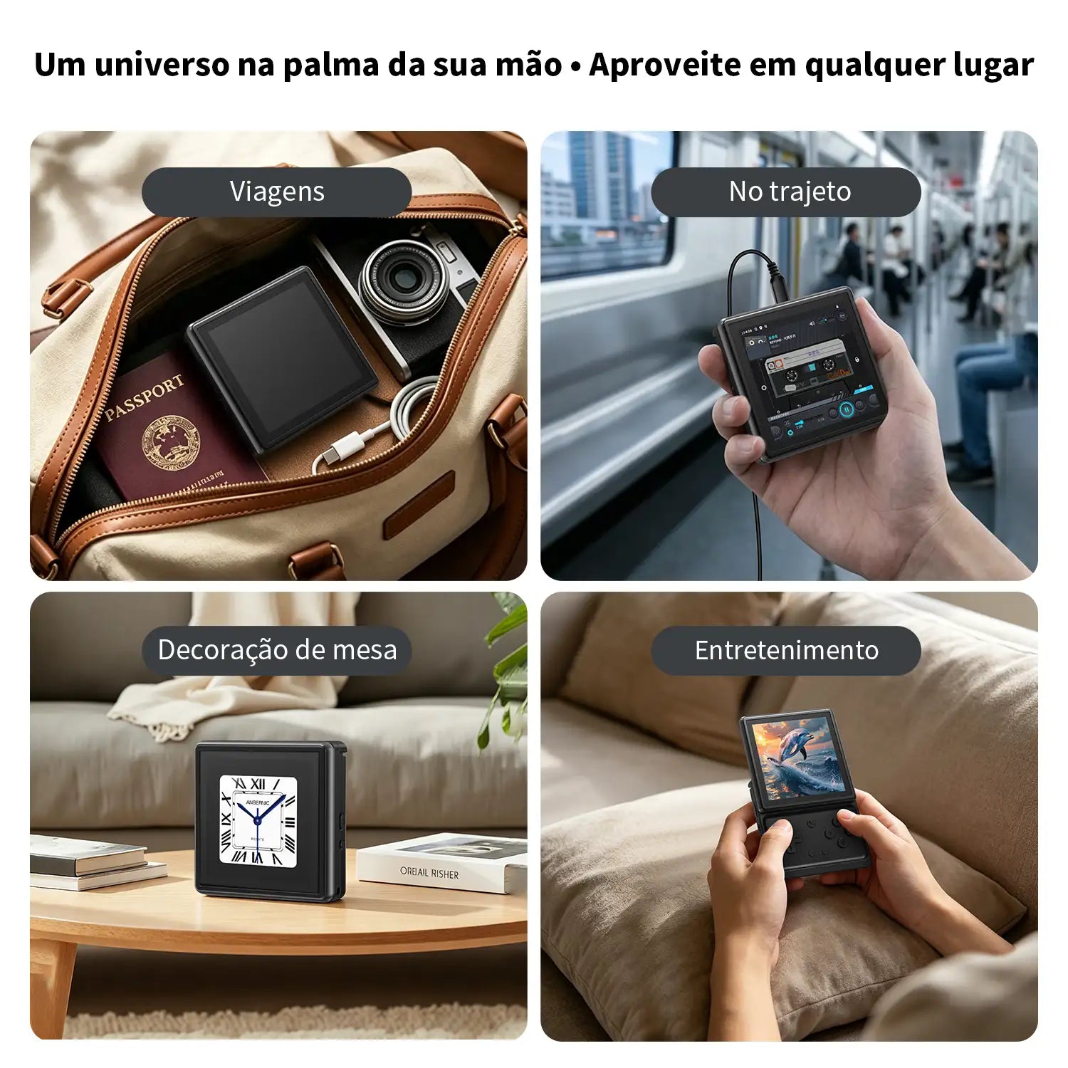 Quatro cenários de aplicação básicos do RG Rotate. Inclui estado de armazenamento em bolsa de viagem, estado de reprodução de áudio durante deslocamento, estado de colocação como relógio de mesa e uso manual em casa.