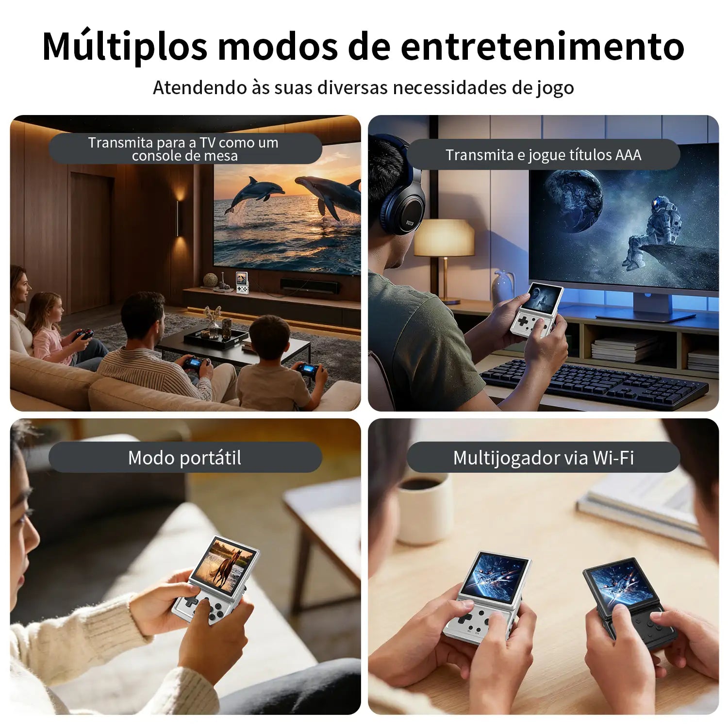 Quatro modos de saída de entretenimento do RG Rotate. Inclui projeção de TV via cabo, streaming de jogos com fones de ouvido, jogabilidade manual autônoma e multijogador Wi-Fi para dois jogadores.