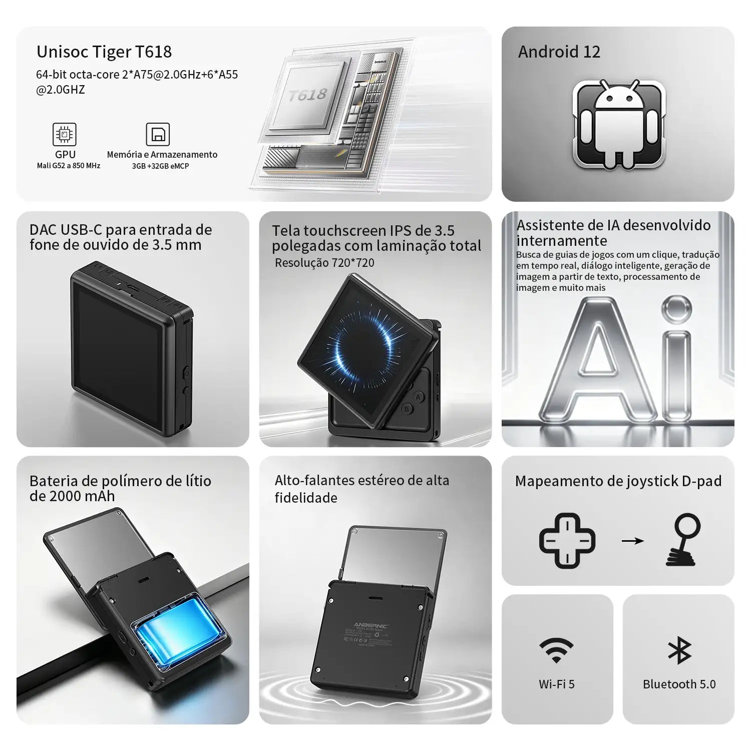 Tabela de especificações de hardware do RG Rotate. O gráfico lista o chip Unisoc T618, sistema Android 12, entrada USB-C para 3,5 mm, tela sensível ao toque IPS totalmente laminada de 3,5 polegadas, assistente de IA de desenvolvimento próprio, bateria de 2000 mAh, alto-falantes estéreo, mapeamento de joystick D-pad e módulos Wi-Fi/Bluetooth.