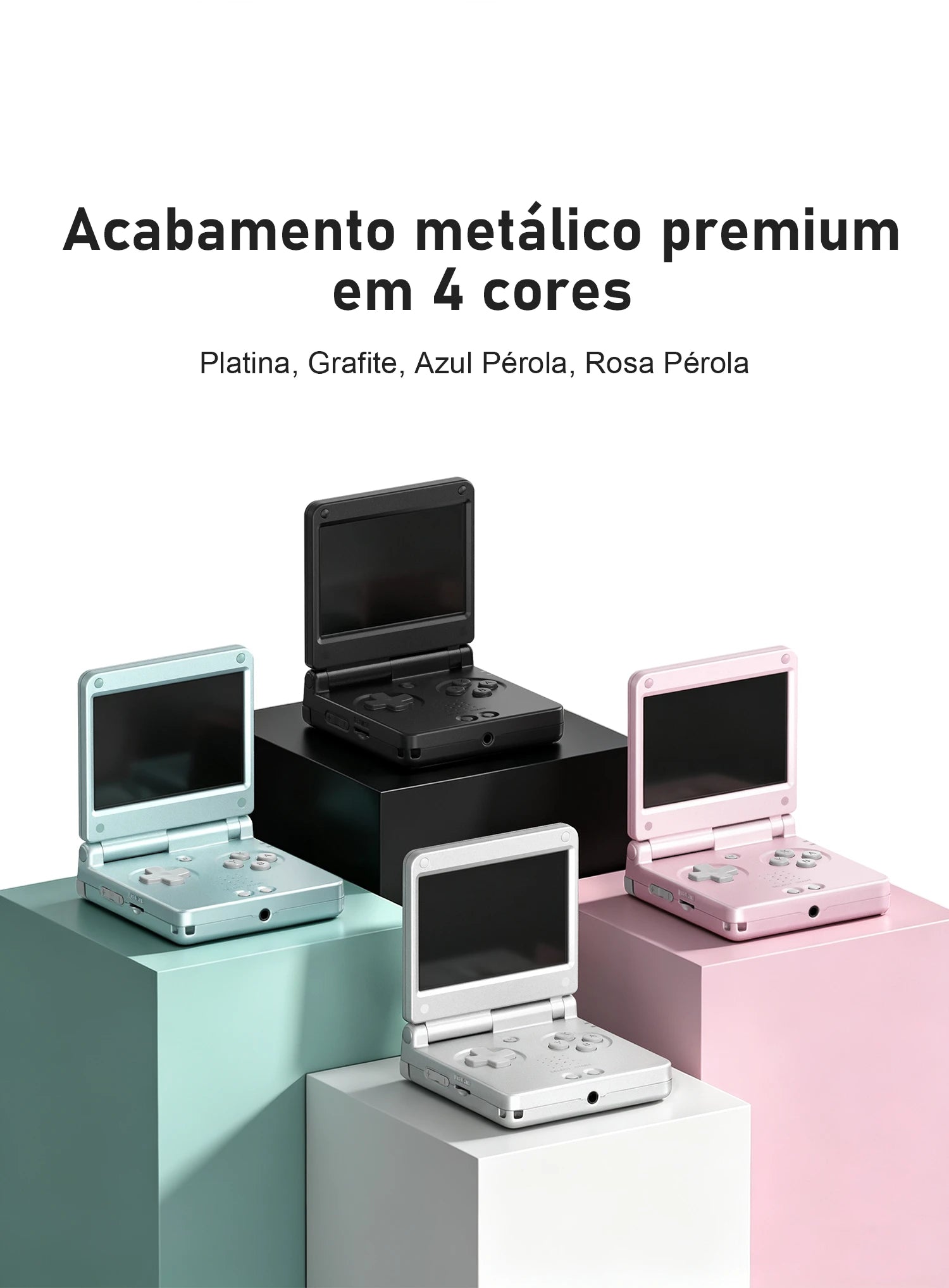 Consoles portáteis dobráveis em 4 cores: platina, grafite, azul pérola e rosa pérola