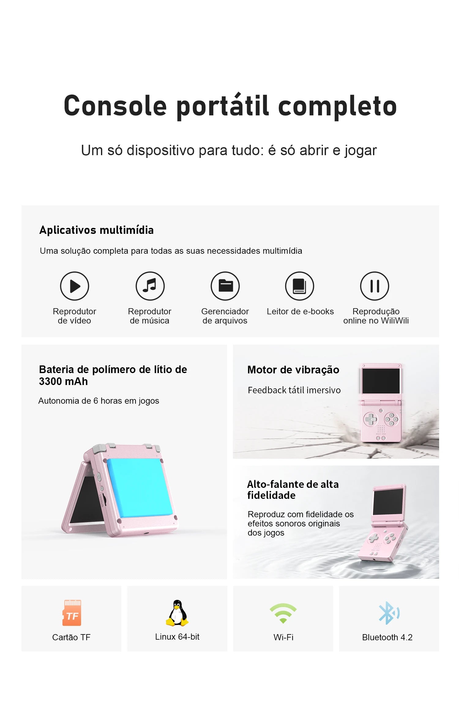 Infográfico de console portátil rosa com apps multimídia, bateria 3300 mAh, vibração, Wi‑Fi e Bluetooth 4.2