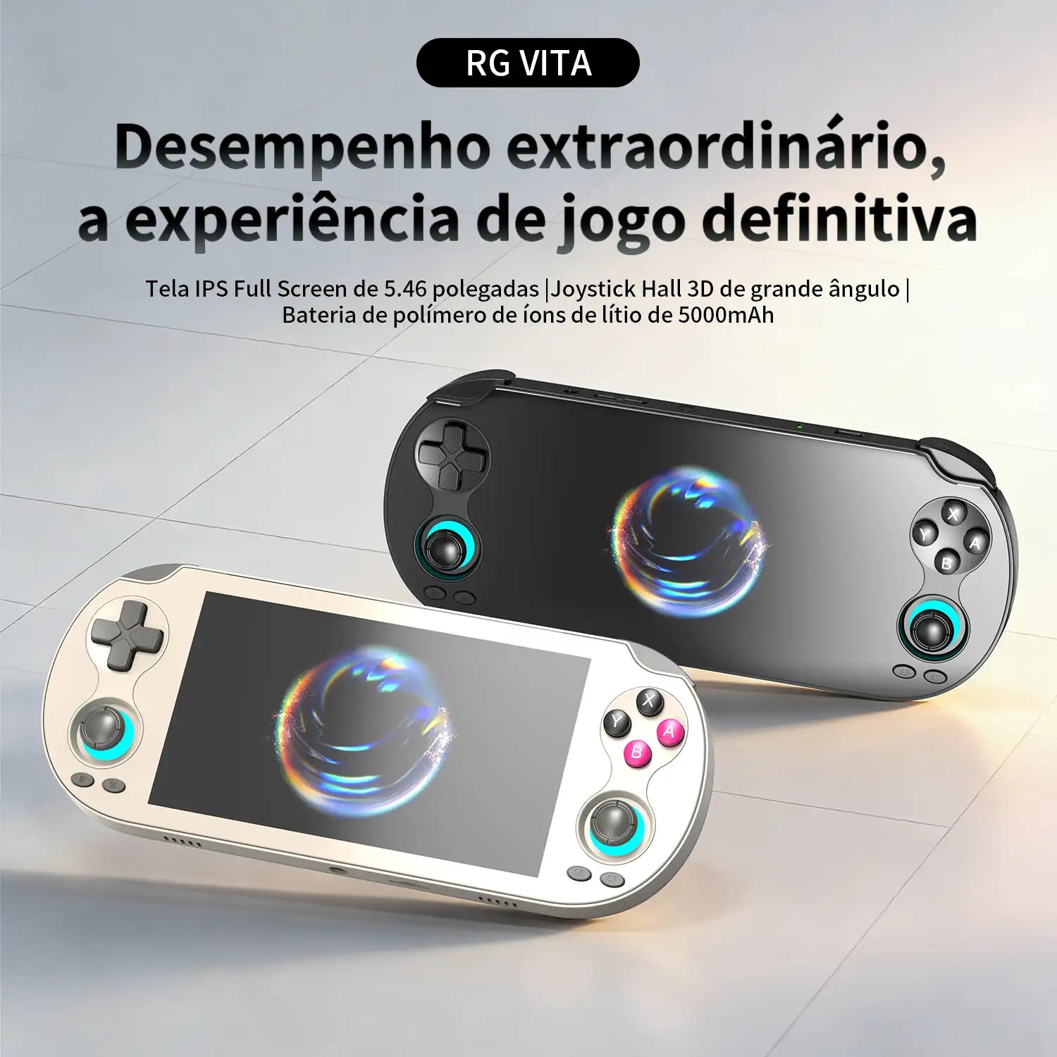Console de videogame portátil RG Vita, com tela IPS de 5,46 polegadas e analógicos Hall, disponível nas cores branco e preto.