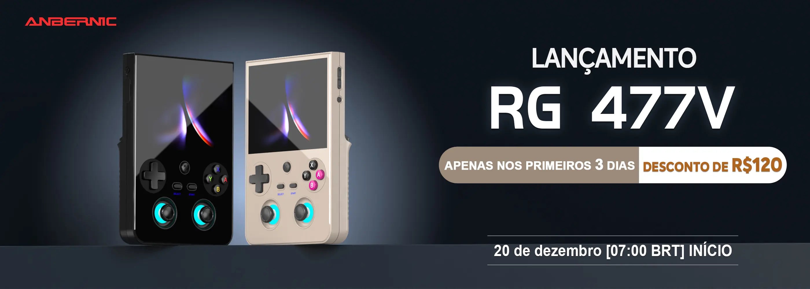 Official launch sale banner for Anbernic RG 477V with limited time discount offer